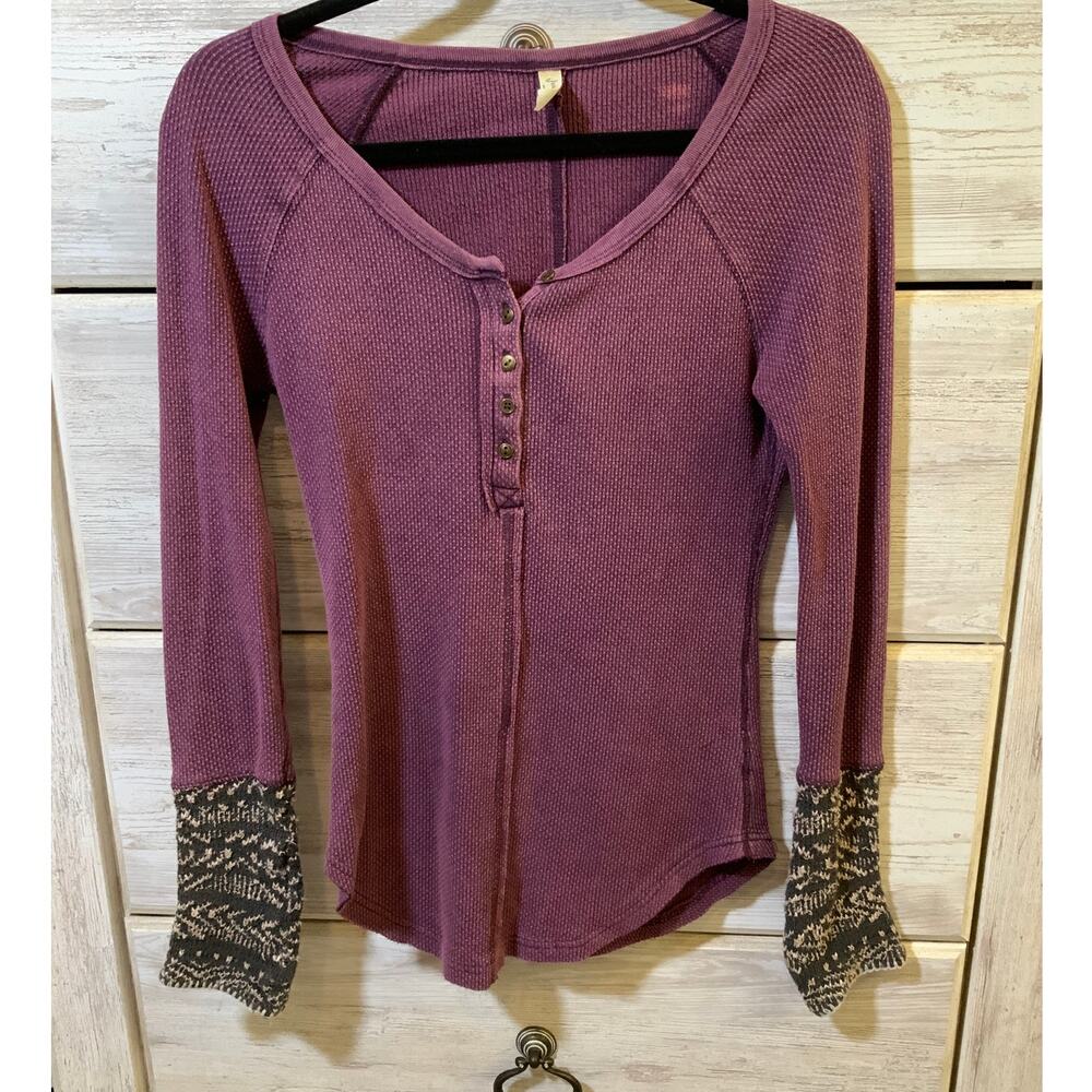 Free People Y2K Henley Top - Bella Swan- Purple Embroidery - Small